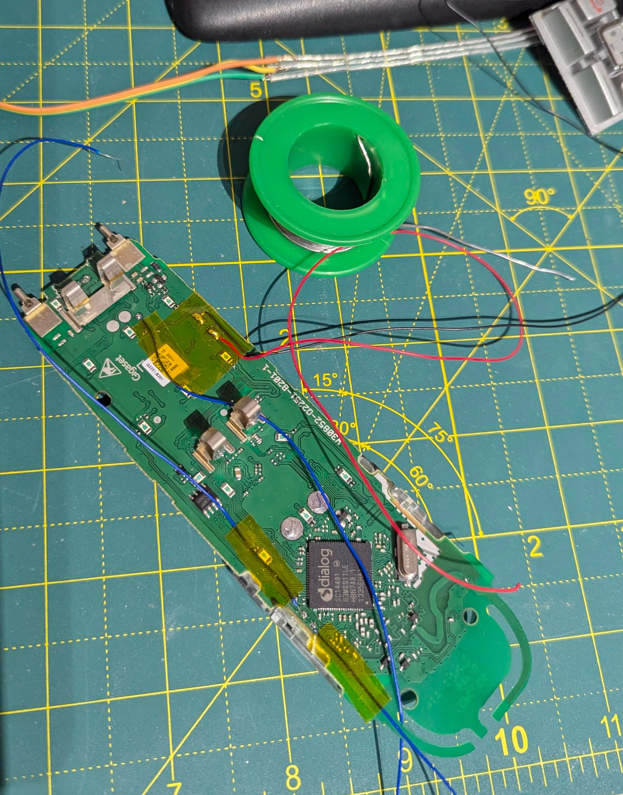 Gigaset A400 PCB with a load of fly leads coming off of pads