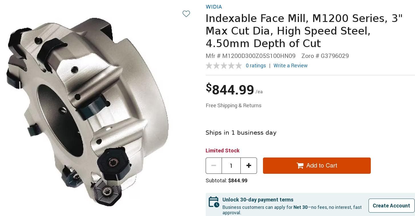 Testa a spianare a 5 inserti (che non saranno compresi nel prezzo, immagino), marca Zoro, diametro 3£ (75 mm), profondità di taglio 4,5 mm, prodotta in Repubblica Ceca.
Prezzo: $844.99
https://www.zoro.com/widia-indexable-face-mill-m1200-series-3-max-cut-dia-high-speed-steel-450mm-depth-of-cut-m1200d300z05s100hn09/i/G3796029/