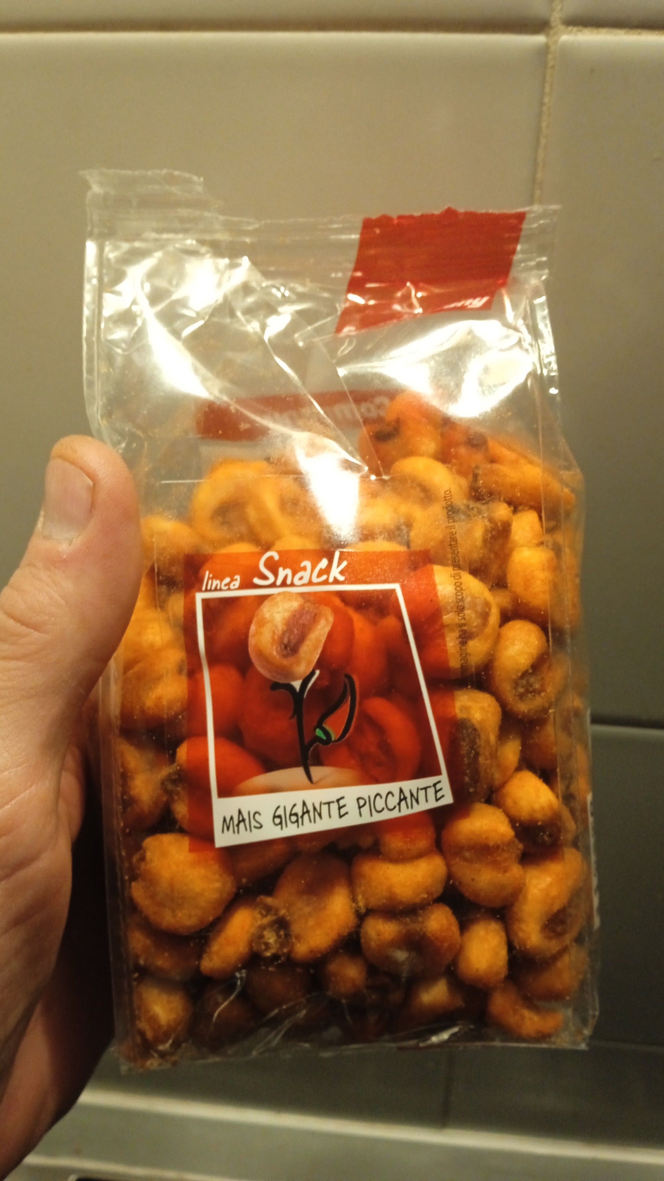 My hand holding a pack of roasted spicy corn