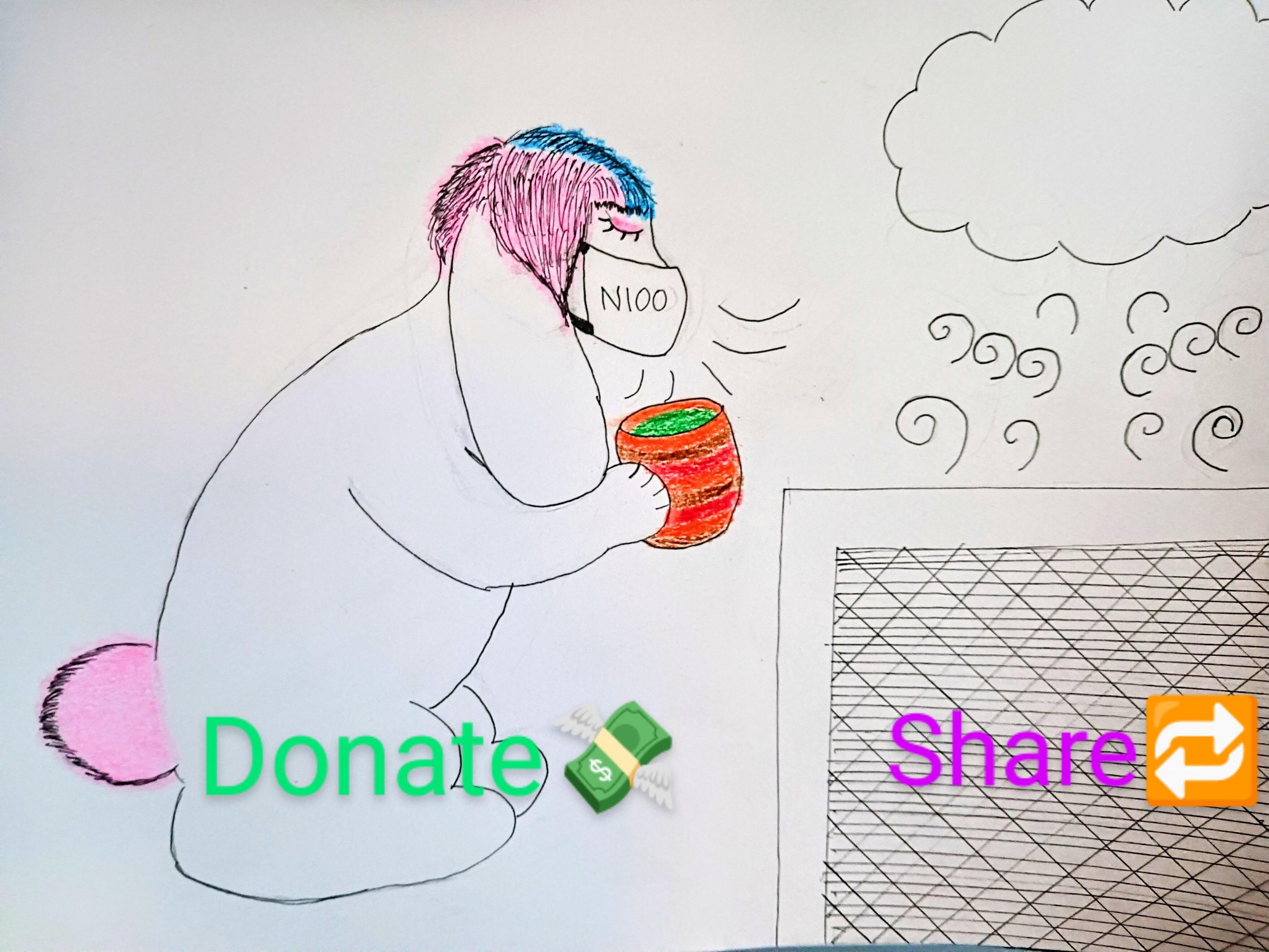 A pink and blue haired, pink tail, white fur bunny wearing a mask and holding tea. There's an air purifier running. There's two words imploring the viewer to Donate💸 and Share🔁