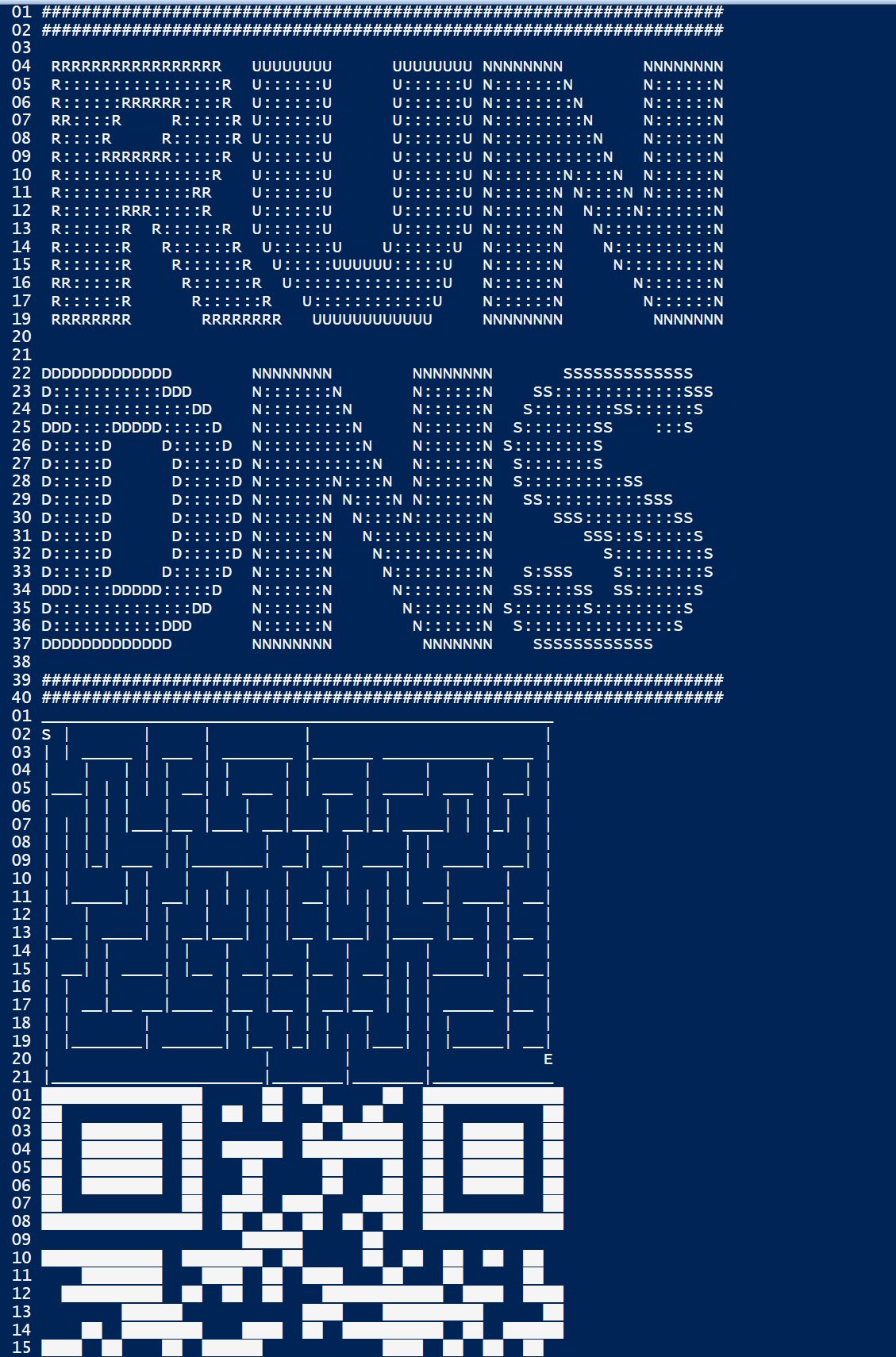 Output of the above powershells for ASCII art, maze and QR code 