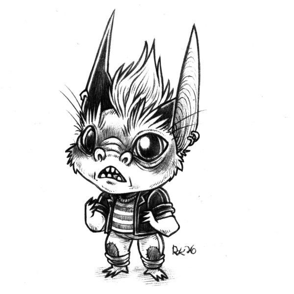 An ink drawing of a goblin-like creature with bat-like face and ears, they are short, they have a short snout, their head is topped with a hair shaped like a tear drop, they're wearing a black coat and a striped shirt