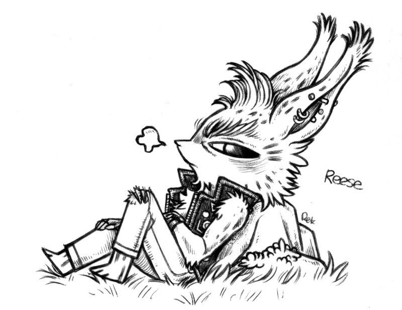 Reese, a humanoid rabbit, is leaning back against a rock. Reese is looking at you, looking very serious, but also blasé. They have pierced ears, a black jacket with patches, and torn jeans. Their fur is sparsely spotted.