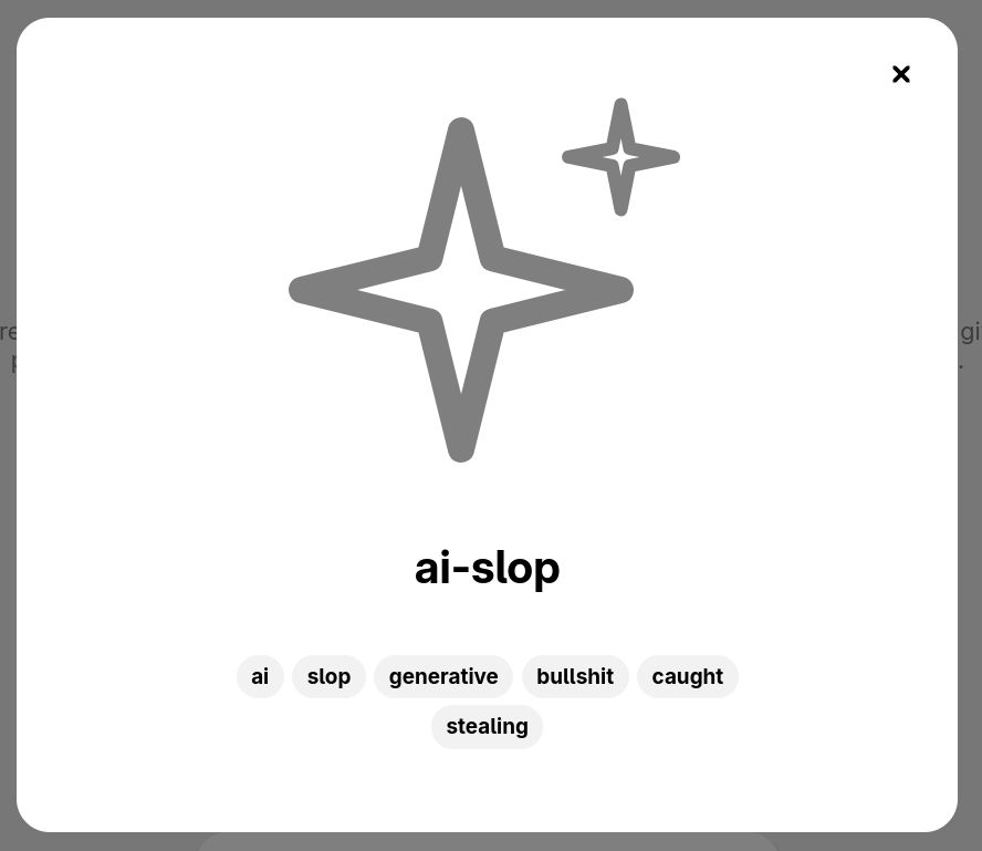 screenshot of the gnome icon browser showing an icon showing a large four point "sparkle" star with a smaller identical star in its top-right. it is labelled "ai-slop", with the following additional tags: ai, slop, generative, bullshit, caught, stealing