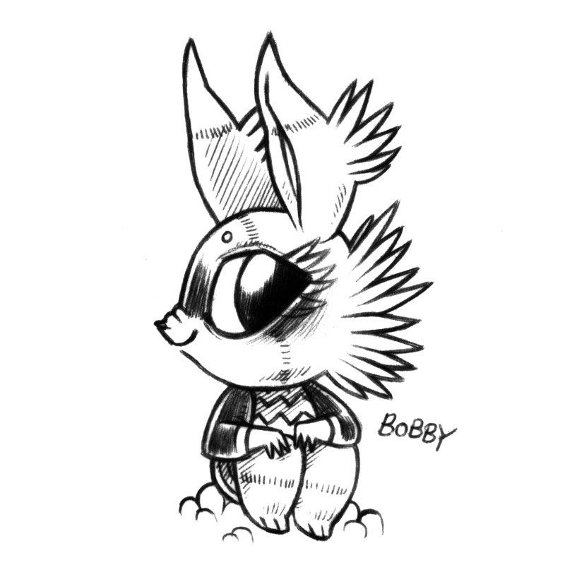 an ink drawing of a humanoid rabbit named Bobby, sitting in the grass and looking at you sideways with a cute grin, with their knees pulled against them and their hands resting overtop. The fur on their cheeks and ears grows out sideways in explosive and long tufts. Bobby has a small snout and very big eyes.