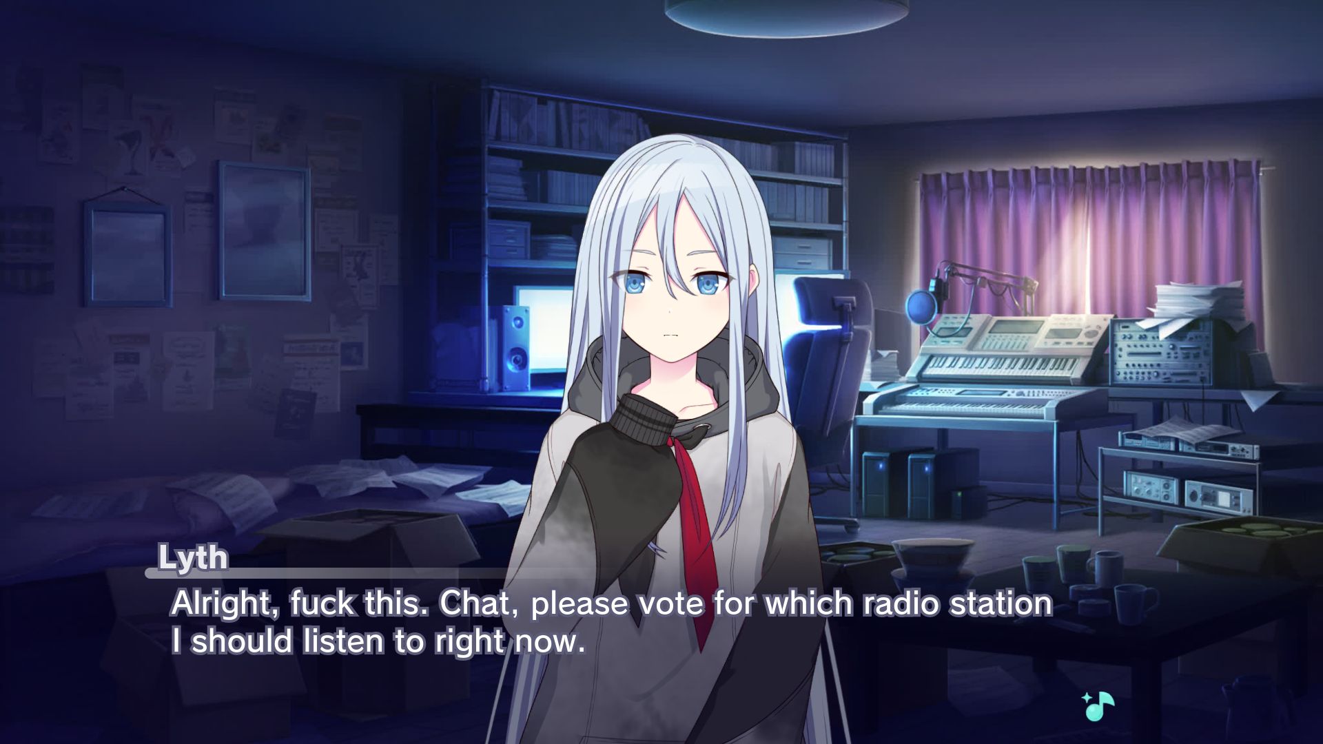 Project Sekai custom scene of Lyth in an approximation of her room saying "Alright, fuck this. Chat, please vote for which radio station I should listen to right now."