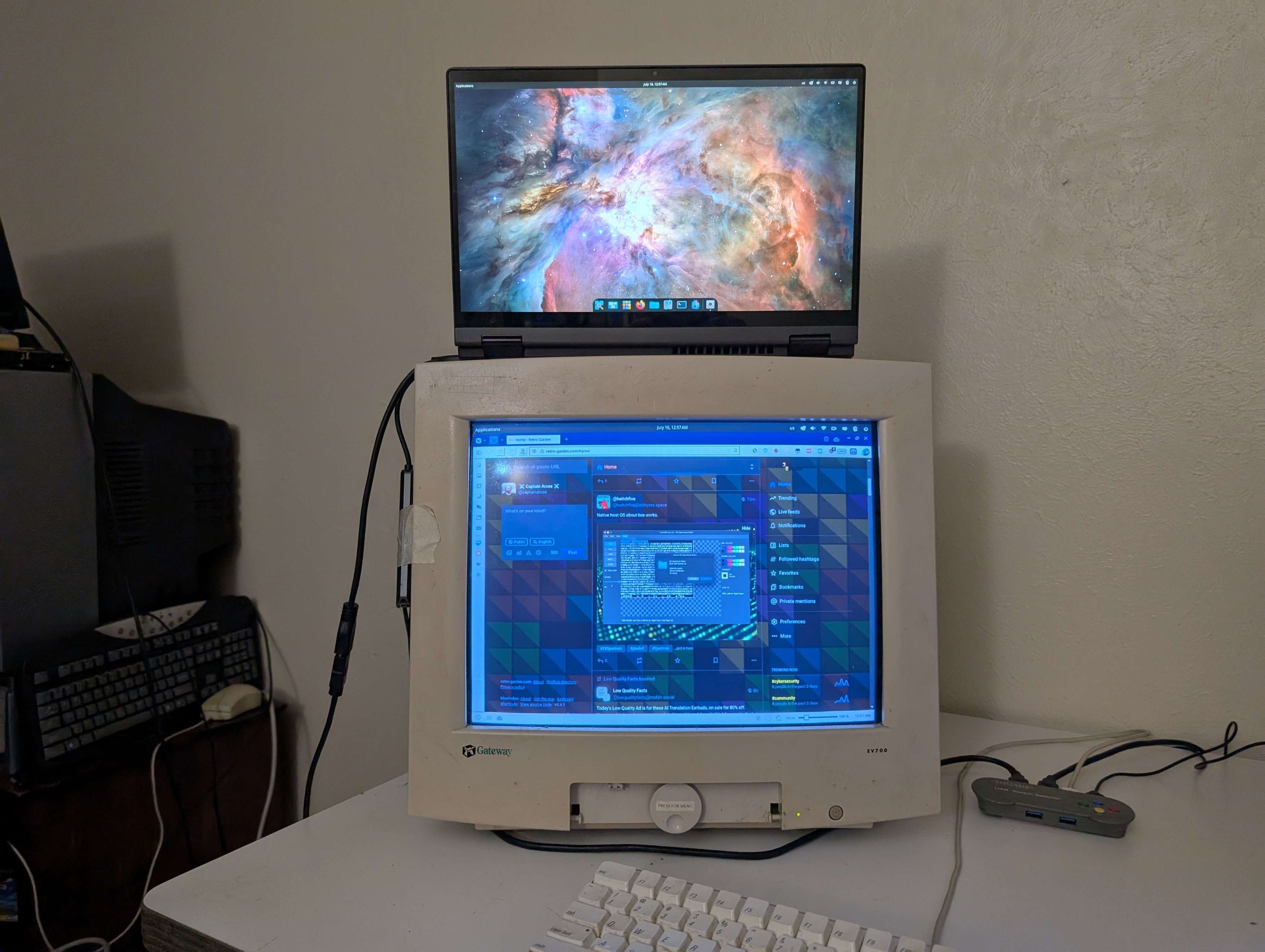 Lenovo Ideapad Flex 5 laptop running the latest 24.04 Beta of Pop!_OS connected to a 17 inch Gateway CRT.