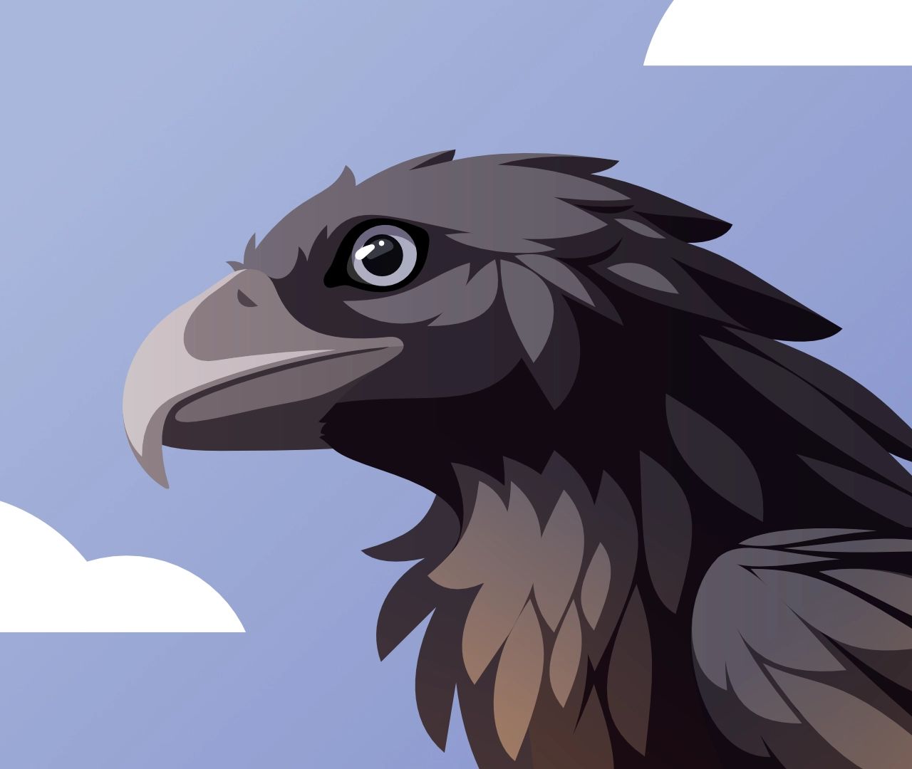 Vector art of a black bird with brown chest feathers and a gray hooked beak. You can only see the head and neck. There's a simplified blue sky with some clouds in the background. Unlike before, the pupils is smaller and fixed forward.