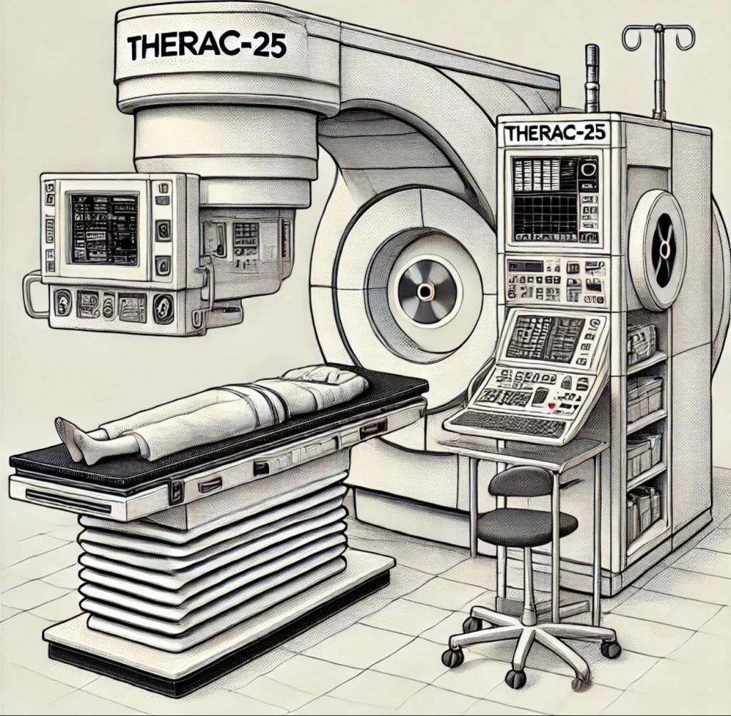 A vibe-drawn line image of the Therac-25 radiation treatment device. At a glance it looks like a person might be in the machine, but they have only one foot, and their your torso looks like it's been replaced with a hand? This is the stuff of my nightmares.