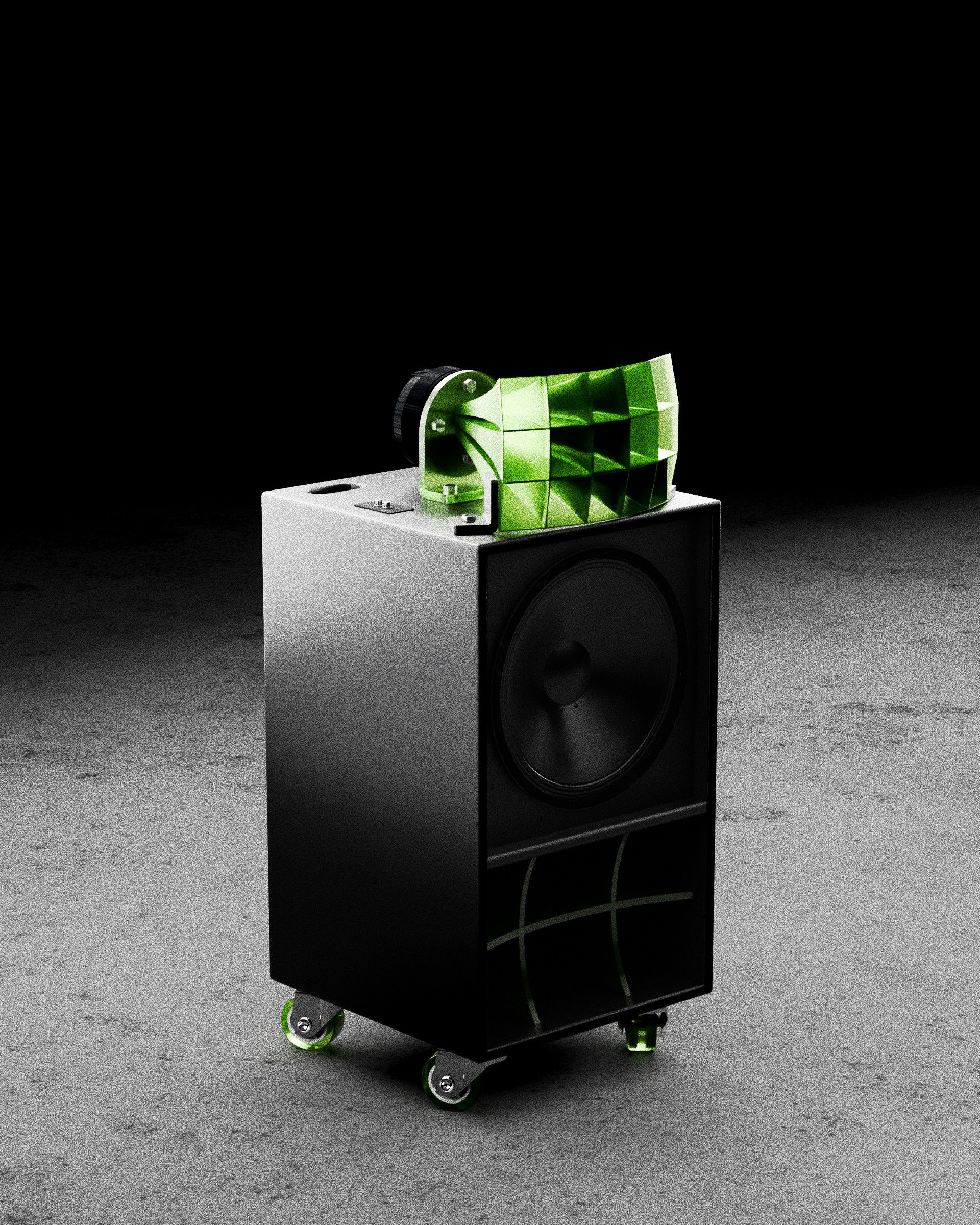3d rendered speaker cabinet on wheels with a green transparent horn on top