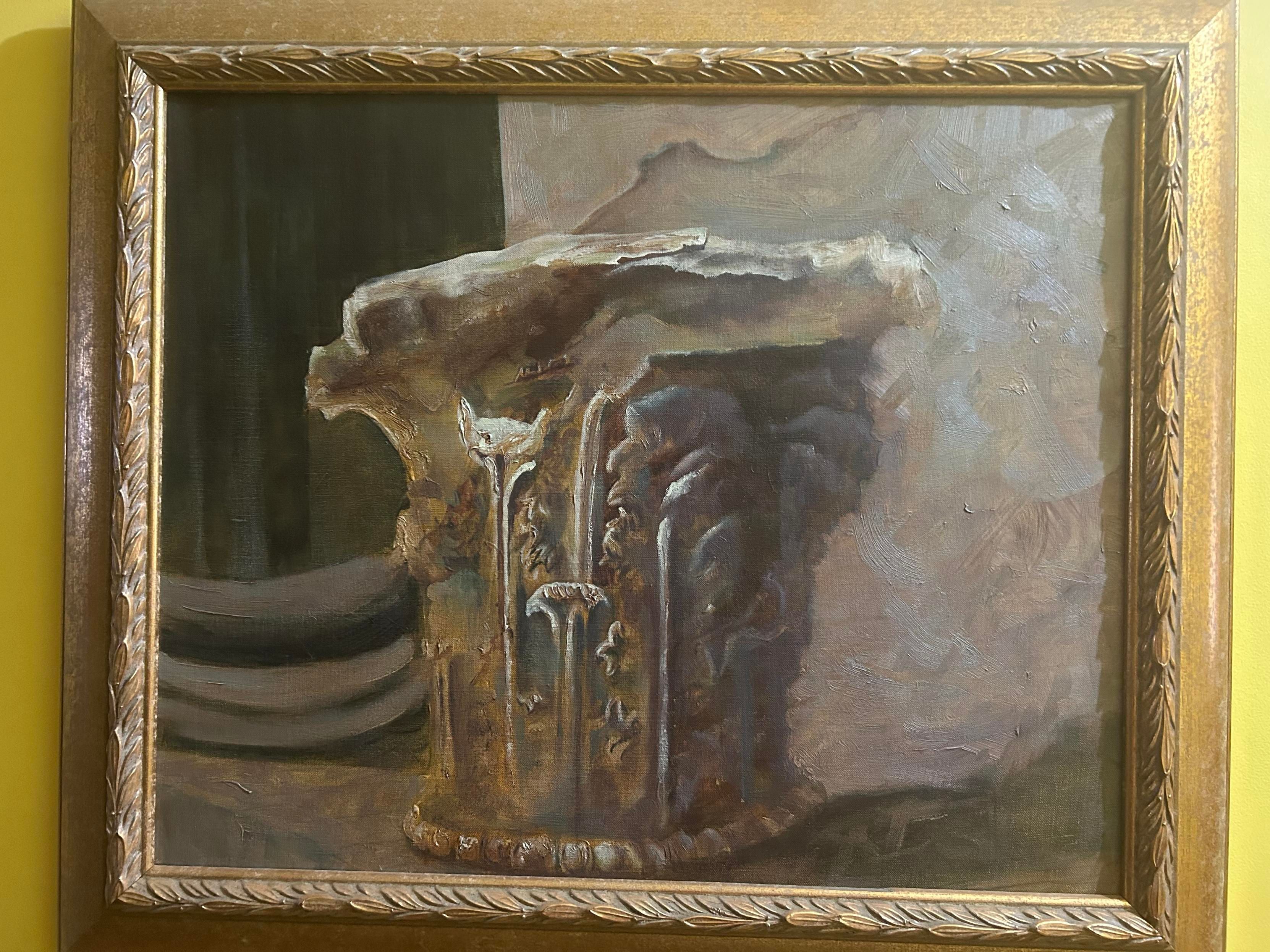 Painting of a damaged stone detailing on a building in Pompeii, including some fine details that survived while a chunk of the top is missing.