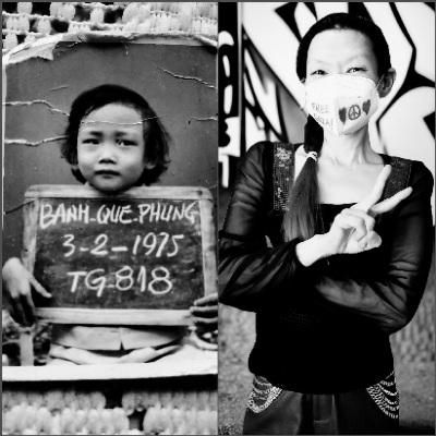 Split black and white image, left side a vintage photo of a me, in refugees camp, holding a chalkboard with my name, birthdate & refugee camp number, right side me as an adult at age 50 with mask, making peace sign.