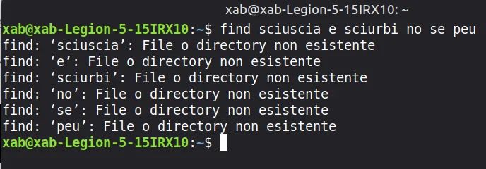 terminale di linux mint con il tentativo di ricerca di sciuscia e sciurbi no se peu