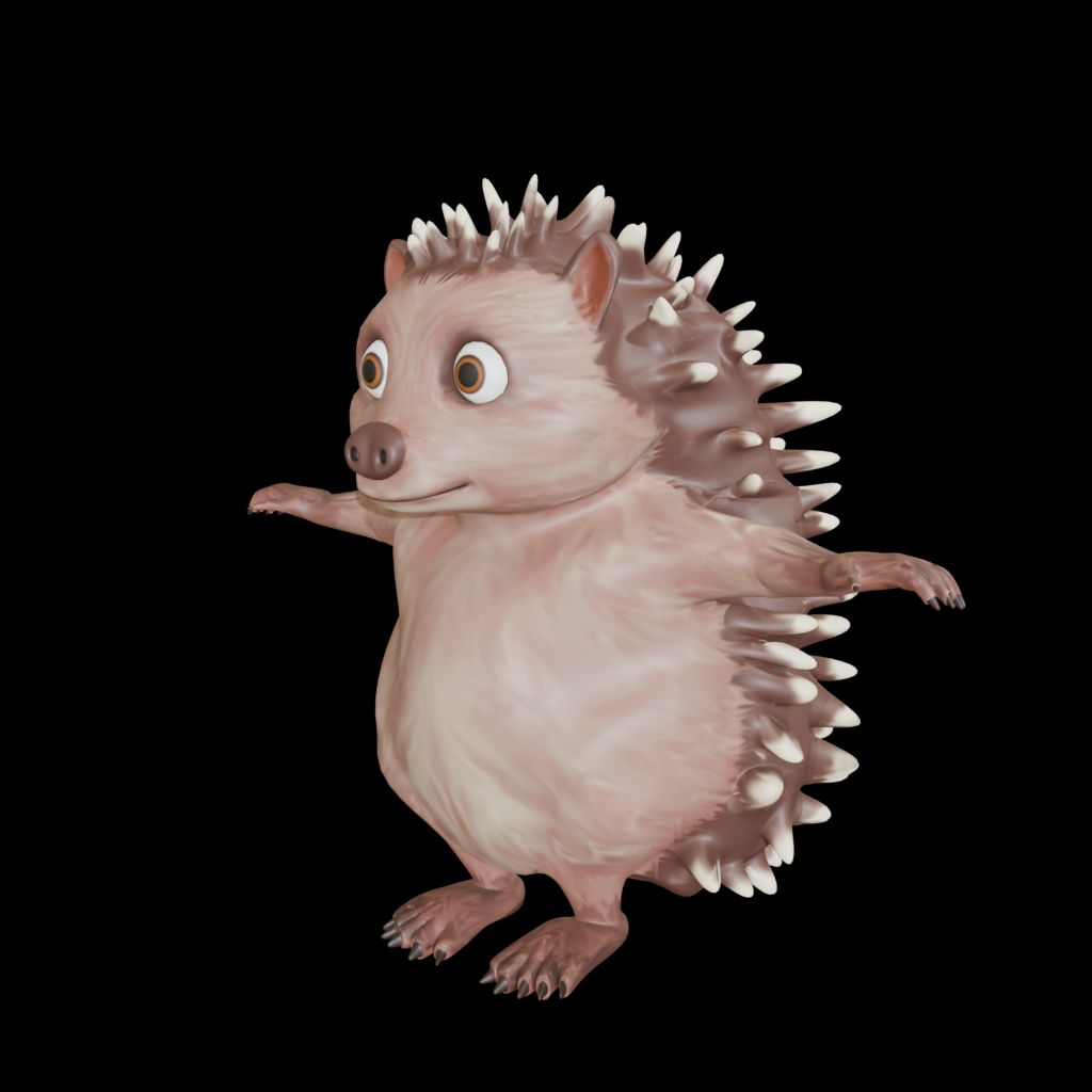 Hérisson modélisé dans Blender 3D. Vue 3/4 face gauche. Pose en T.