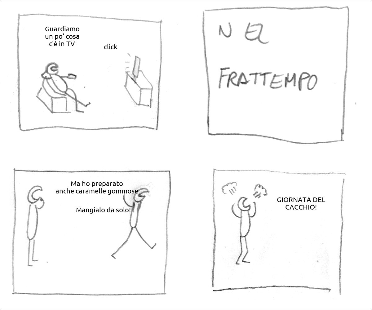 un tizio guarda la tv e dice: «Guardiamo un po' cosa c'è in TV» la TV fa click
didascalia: nel frattempo
il primo tizio perplesso dice: «Ma ho preparato anche caramelle gommose», il secondo scocciato se ne va dicendo: «Mangialo da solo!»
il tizio arrabbiato esclama: «GIORNATA DEL CACCHIO!»
