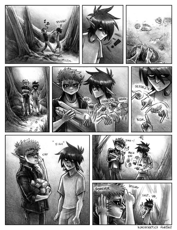 a comic page inked with a ballpoint pen and shaded with that same pen but also with some graphite pencil shading. The comic shows two people, Hakazi and Dae, with pointy ears walking through the forest, Hakazi is carrying "just-harvested" survey sticks. Dae sees fresh boot tracks on the ground and stops, telling Hakazi to abandon their mission and to go their separate ways (all without words, using hand gestures). Hakazi gestures that he is sad that they go their separate ways, Dae sighs, looking very exasperated. Hakazi grins and gestures that it was a joke, Dae replies with hand gestures to mean that the timing of a joke it is bad. In the end, Hakazi gestures that Dae is forever angry, with a cheeky grin. Dae walks away, gestures for him to shut up.
