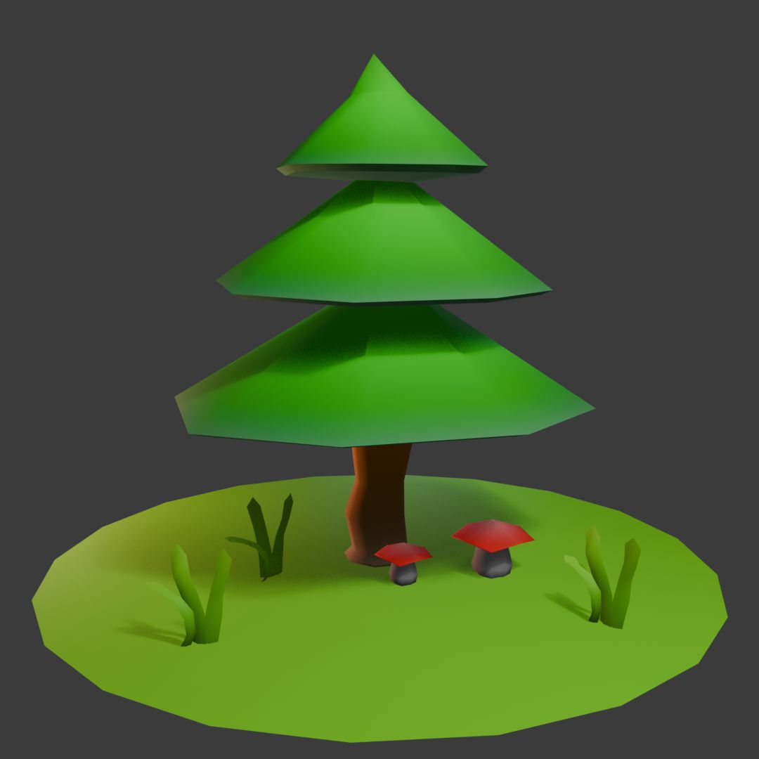 A 3D render of a low poly pine tree.