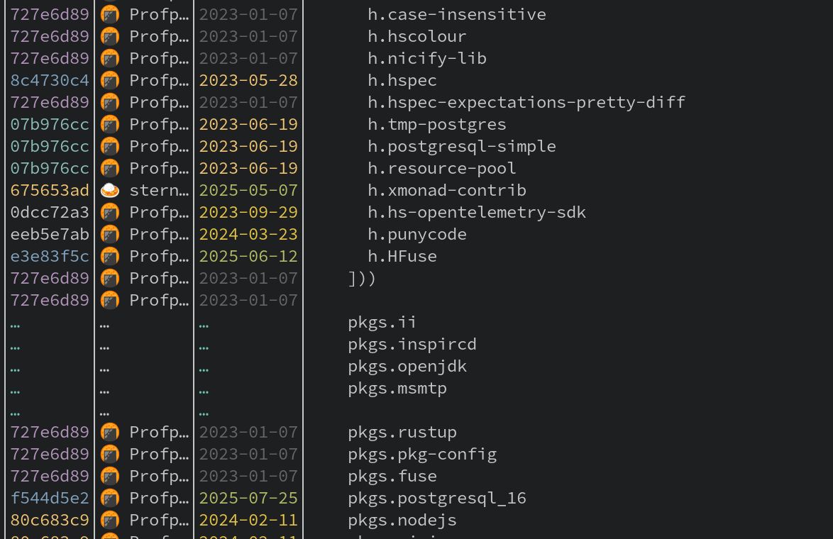 A terminal screenshot showing a git blame table with colored output. The table has
  four columns: commit hash (8 chars), author with food emoji (showing "🍊 Profp..."
  for most entries), date in YYYY-MM-DD format, and file content. Dates range from
  2023-01-07 to 2025-06-12, displayed in different colors (green, yellow, gray)
  indicating commit age using a logarithmic scale. The visible content shows Haskell
  dependencies (h.case-insensitive, h.hspec, etc.) and nix packages (pkgs.ii,
  pkgs.rustup, etc.). Several rows display "..." indicating scrolled or truncated
  content. One commit hash (675653ad) has a different author shown as "🍜 stern..." The
   interface demonstrates an interactive git blame viewer with compact, colorized
  commit information.