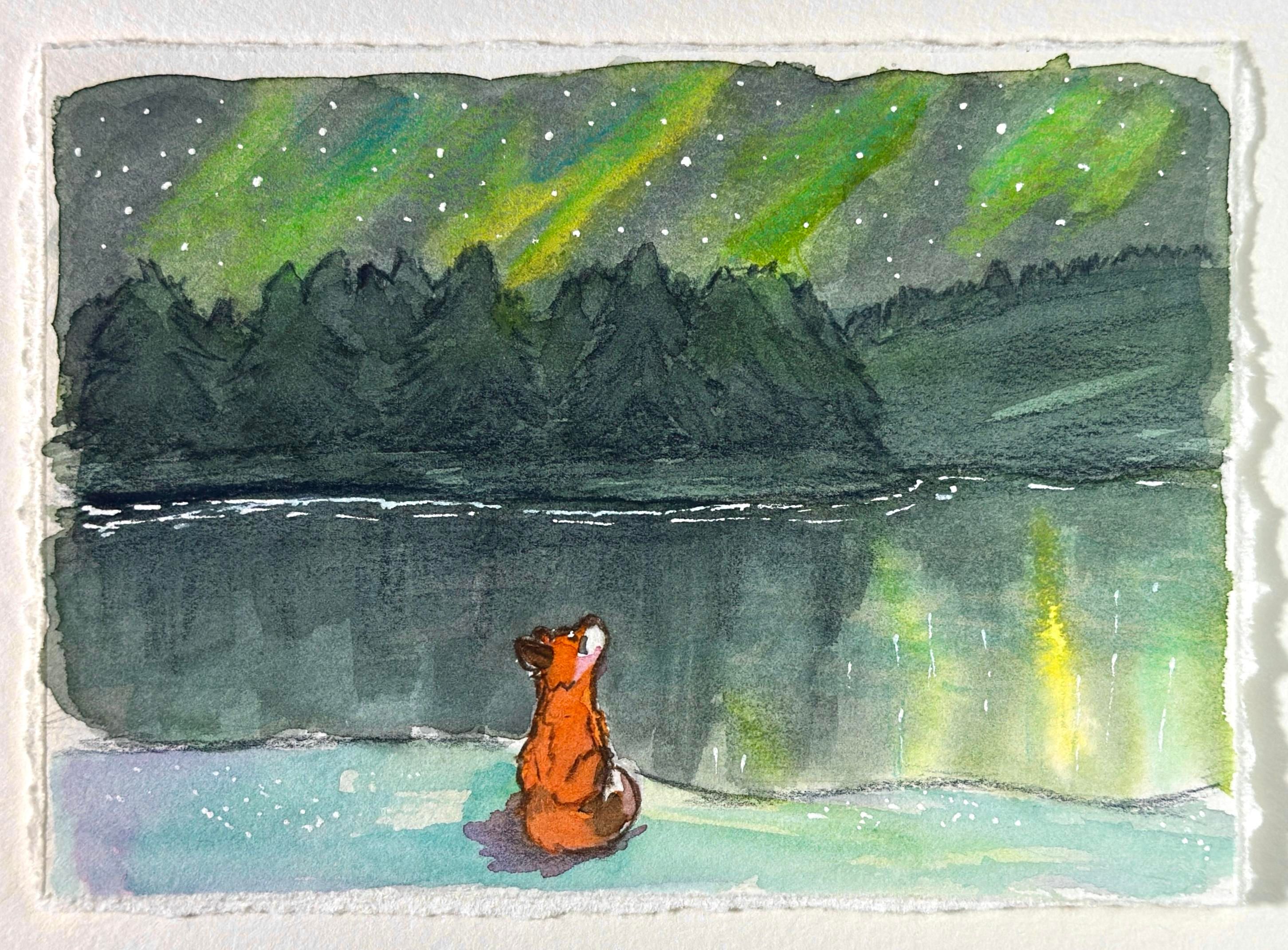 A watercolor painting of a tiny fox sitting in snow in front of a lake, gazing at the northern lights in the sky.