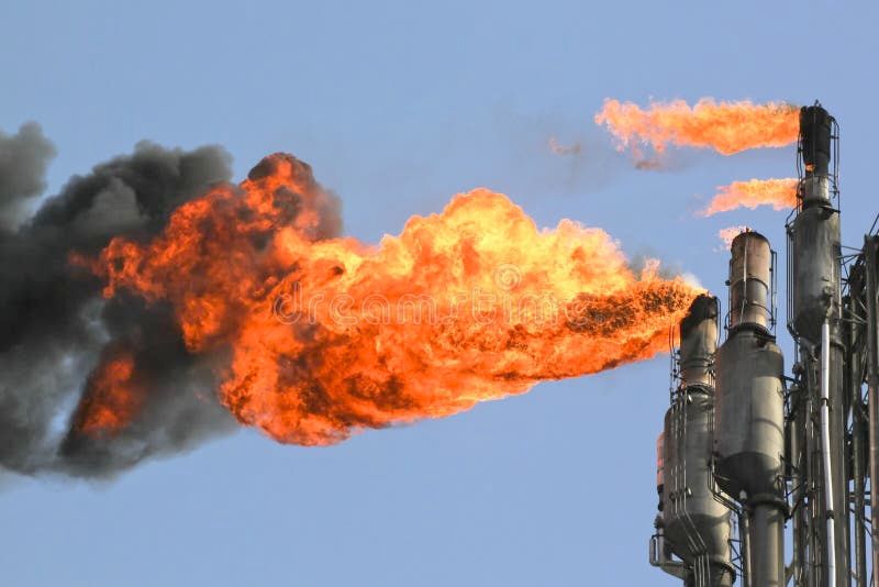 An image shows the gas flare of some refinery somewhere.  Image lifted from Dreamstime free stock photos, which to its credit is working currently.