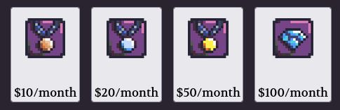 four different donor levels: $10/month, $20/month, $50/month, $100/month, each level with its own pixel art