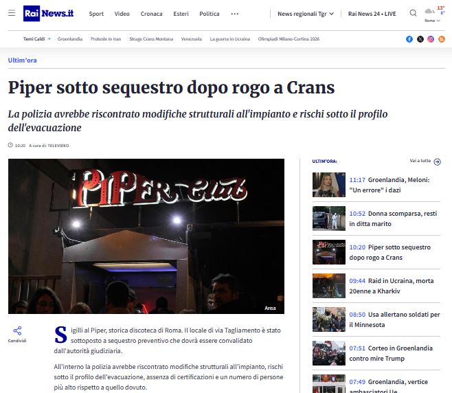 Notizia del 18 gennaio: Piper sotto sequestro dopo rogo a Crans