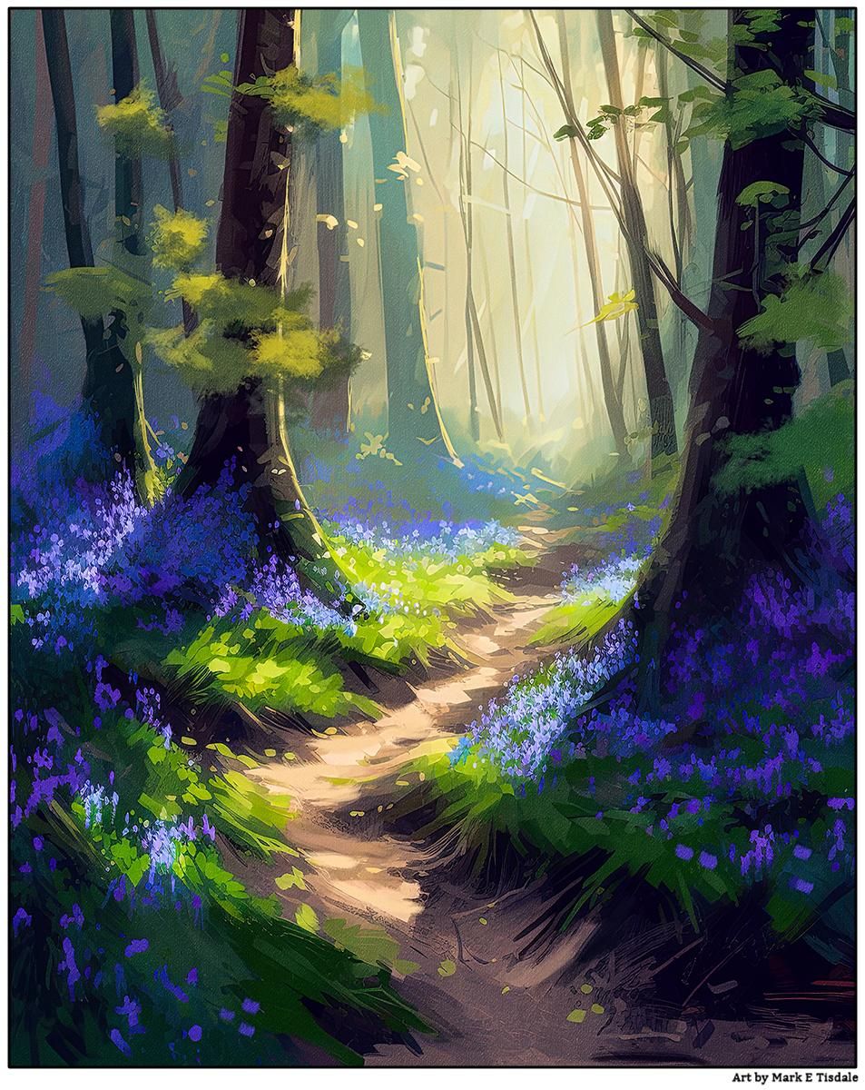 Digital art showing a curving sandy path through a woodland setting. There are trees ascending out of frame and bright sunlighting in the backdrop. All along the path are pockets of light and shadows and there are vibrant bluebells growing both in the puddles of light and the shaded spots. 