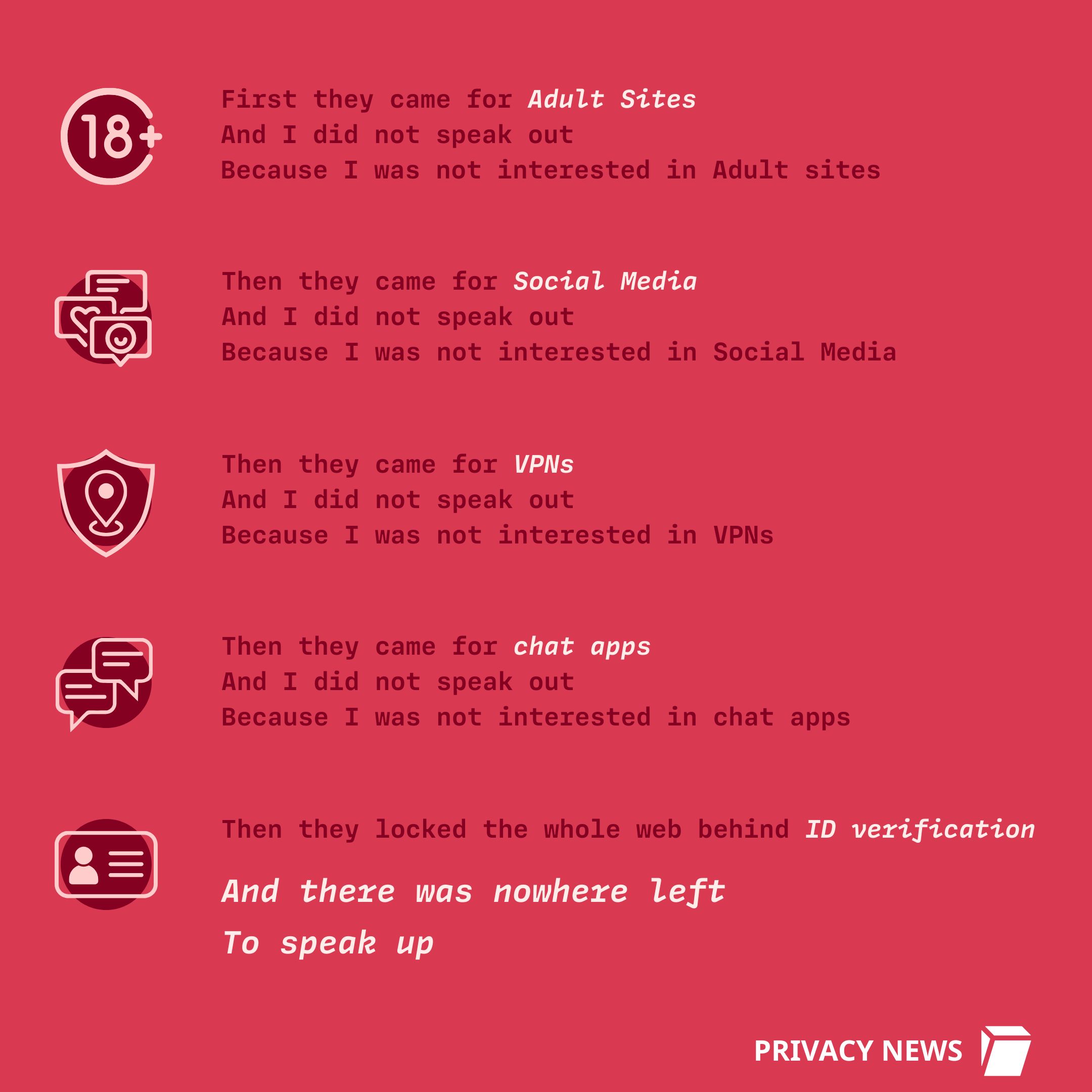 
First they came for Adult sites
And I did not speak out
Because I was not interested in Adult sites
Then they came for Social Media
And I did not speak out
Because I was not interested in Social Media
Then they came for the VPNs
And I did not speak out
Because I was not interested in VPNs
Then they came for chat apps
And I did not speak out
Because I was not  interested in chat apps
Then they locked the whole web behind ID verification
And there was no one left
To speak up against this
