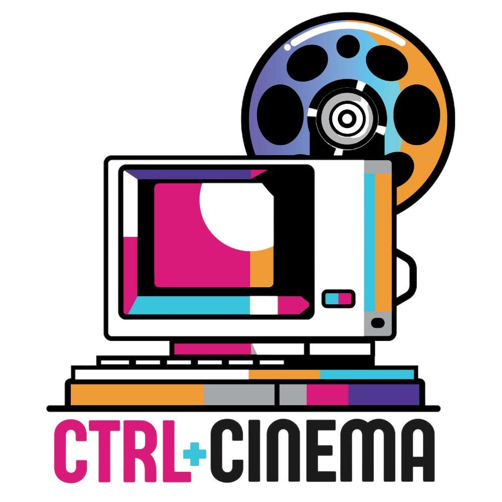 La locandina della mostra: un computer vintage con dietro una pizza cinematografica