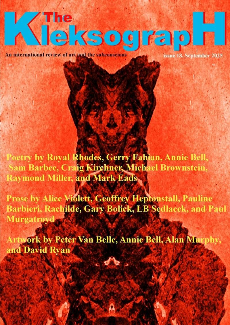 Cover of issue 18 of the Kleksograph, featuring a red-hued, long-necked bear-like creature and the names of the contributors