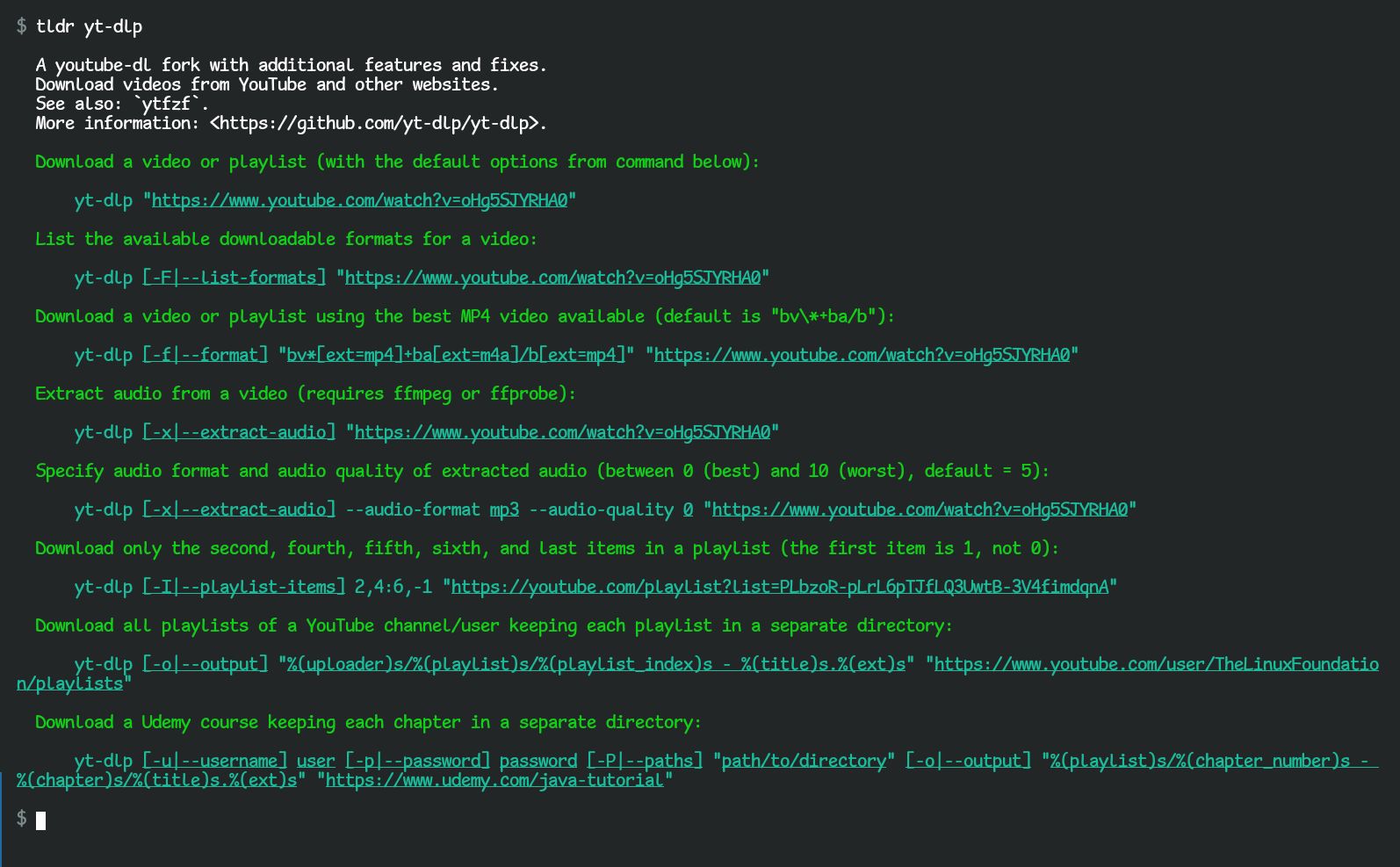 yt-dlp-videonlataussovelluksen tldr-tietue päätteessä katseltuna