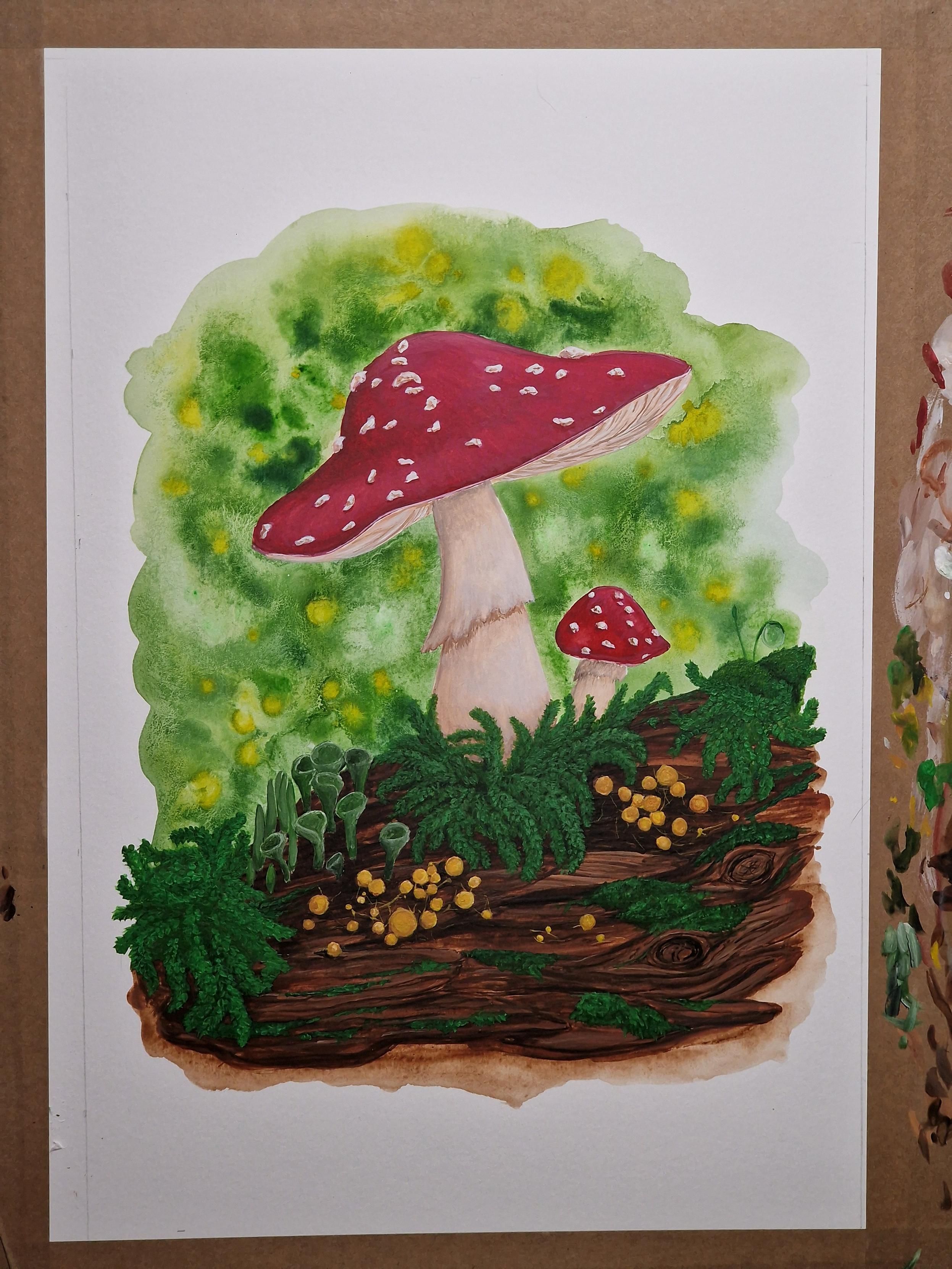 Watercolour and gouache painting of two fly agaric mushrooms growing out of a mossy, lichen, and mold covered log