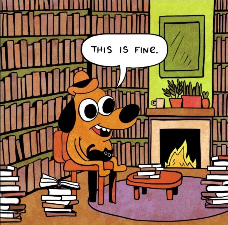 The cartoon "this is fine" little dog (as originally drawn by K.C. Green) in this version by penpanoply, the dog, who is normally in a burning room, sits instead in nice library surrounded by piles of books, a fireplace, house plants, and a black cat on their lap. The little dog says "This is fine."