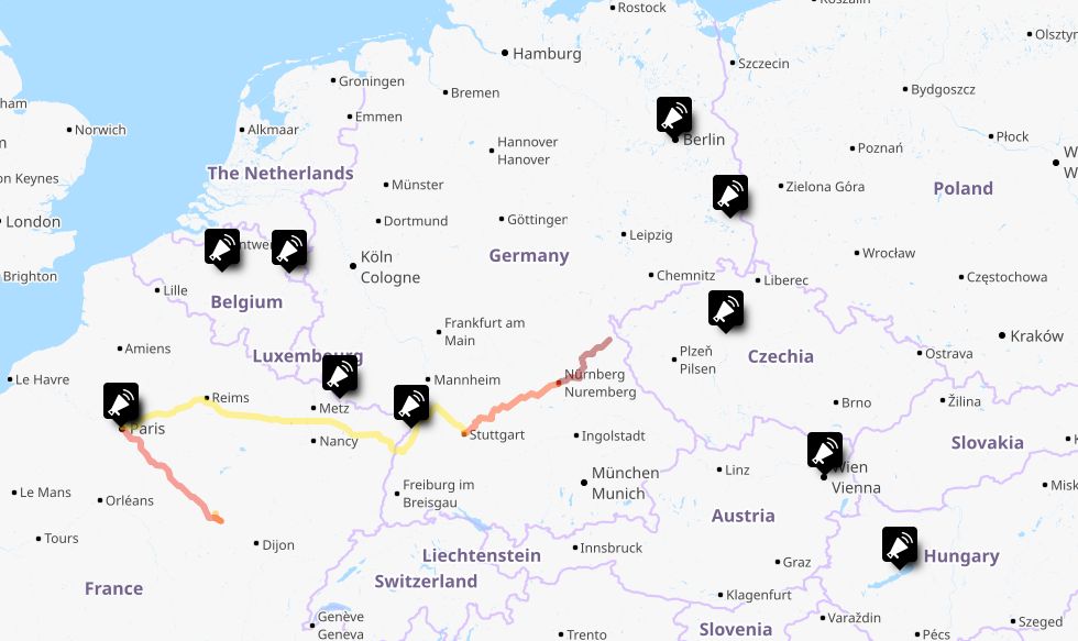 A map of north Central Europe with some pins in it