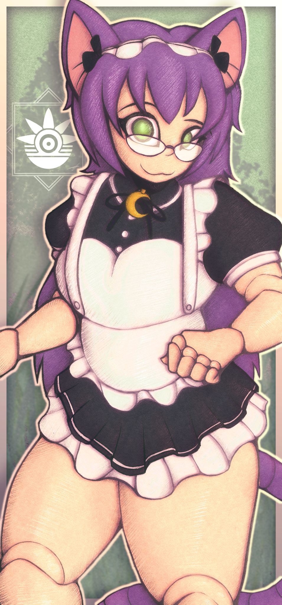 ball jointed doll with green eyes, purple hair, purple cat ears and tail, and a moon collar wearing a maid outfit