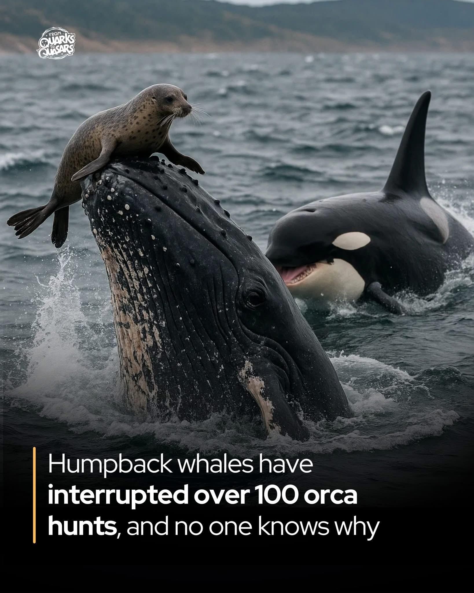 The image depicts a dramatic scene in the ocean where a humpback whale is prominently featured, with its head and part of its body visible above the water. A seal is perched on the whale's head, adding a unique element to the scene. In the background, an orca (killer whale) is visible, swimming towards the whale, suggesting an interaction between the two species. The water is choppy, with splashes around the whale, indicating movement. The background shows a distant shoreline with hills, providing context to the marine environment. The image includes text that reads, "Humpback whales have interrupted over 100 orca hunts, and no one knows why," highlighting an intriguing aspect of whale behavior. The overall composition captures a moment of wildlife interaction, emphasizing the size and presence of the humpback whale in contrast to the orca.