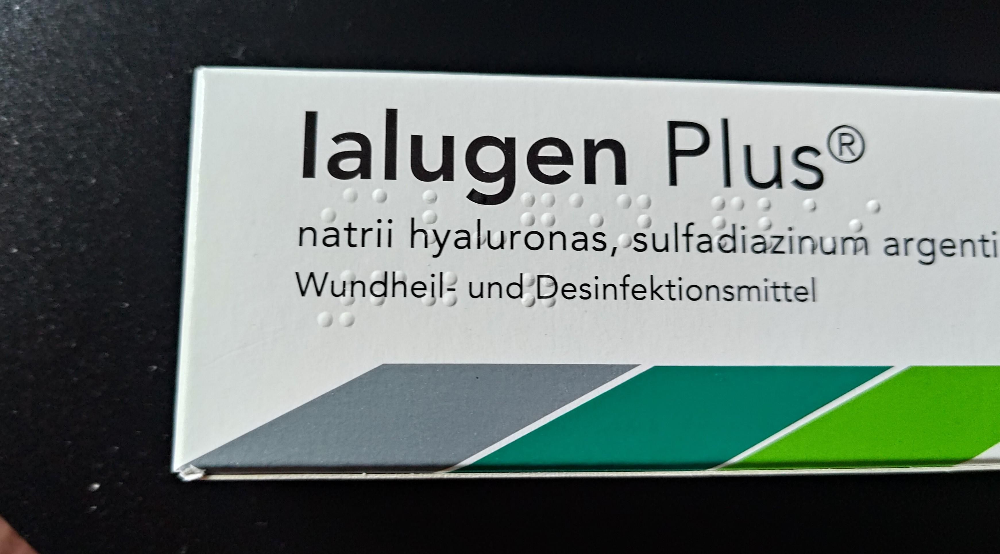 Box from pharma product that is labeled "Lalugen", but because of chosen font it can also read "Ialugen" 