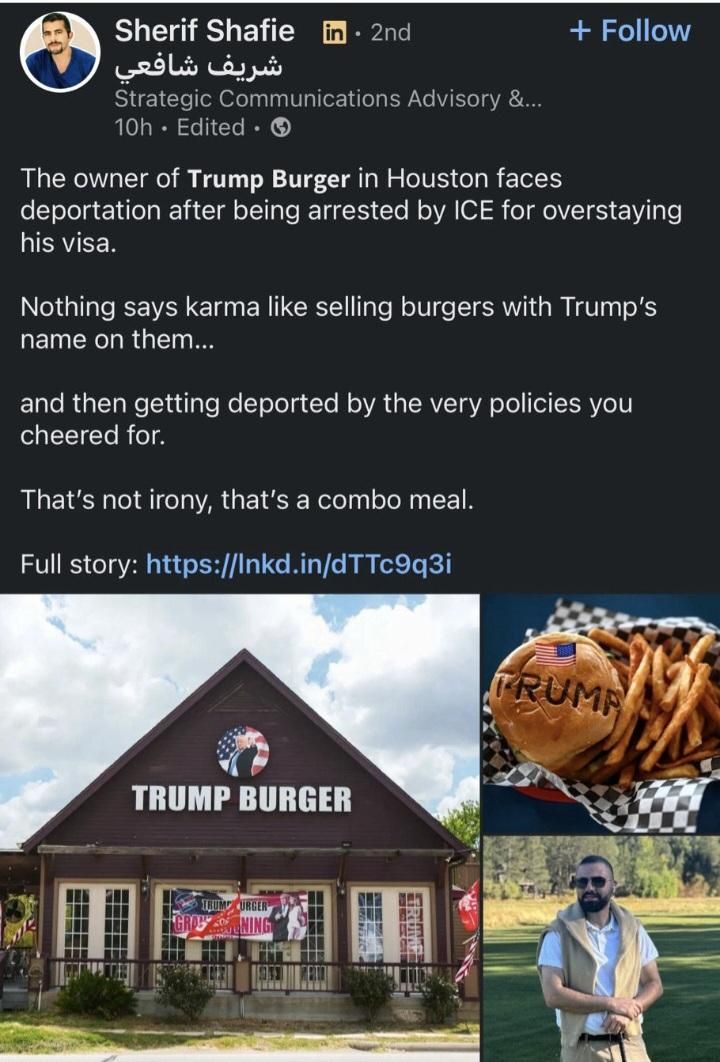 An image of a restaurant building called " Trump Burguer" a house with a pike roof, with a picture of Donald Trump at the front. To the right and image of a hamburger bun with the name Trump on it. And right underneath a photo of the loser who voted for Trump,created this place and has been deported now. A man standing with a blue shirt, earing su glasses and proud face (wink)