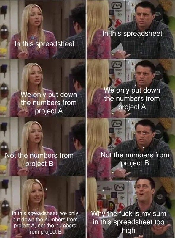 "Speak after me"-Meme: "In this spreadsheet, we only put down the numbers from project A, not the numbers from project B" / "Why the fuck is my sum in this spreadsheet too high".