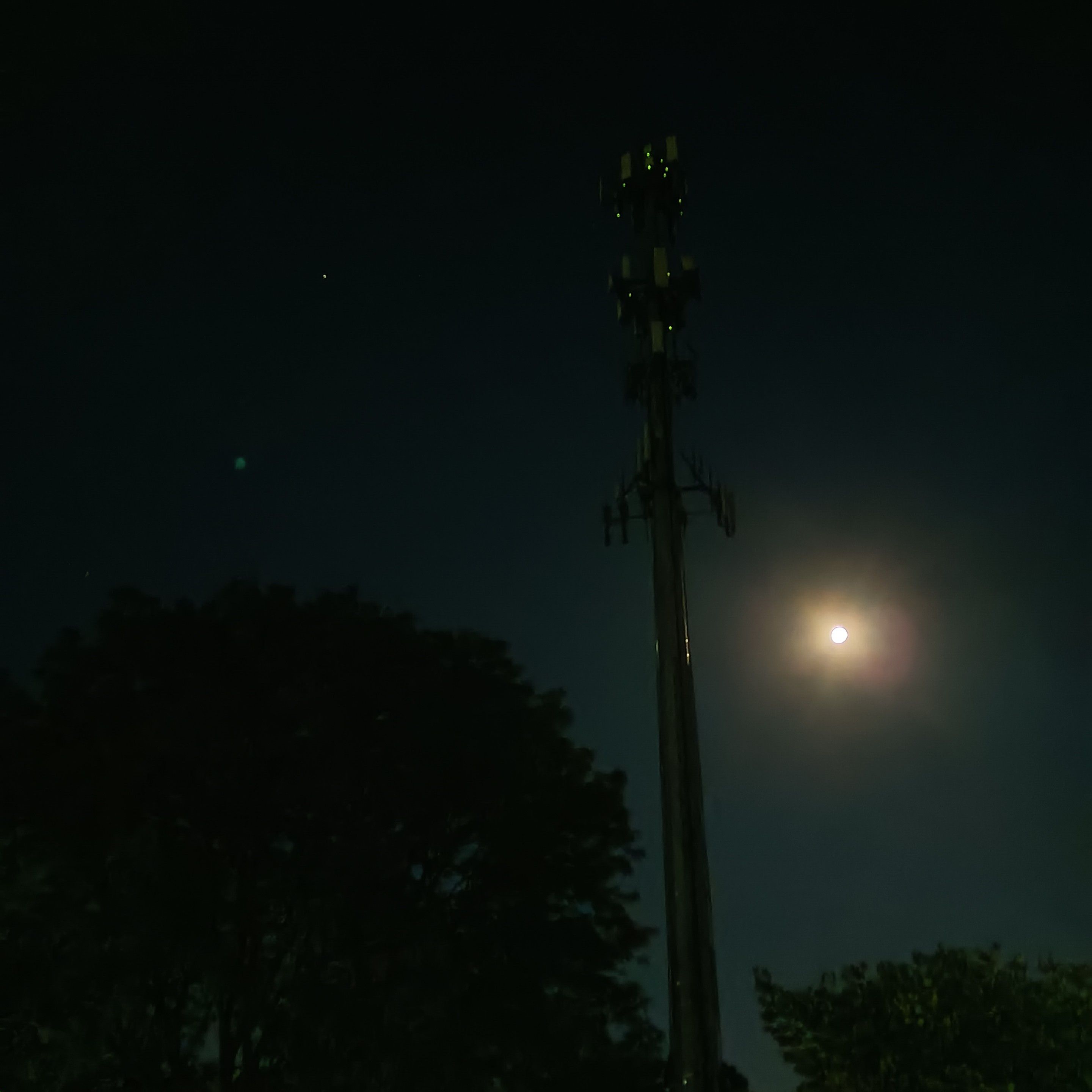 the top half of that radio tower, the moon to the right, a big tree to the left