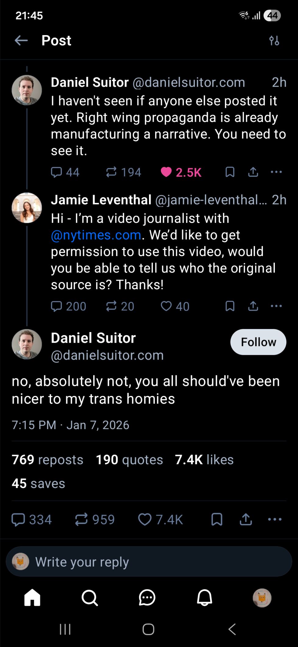 Screenshot from bluesky where Jamie Leventhal asked Daniel Suitor to use his video because she is new york times journalist and Daniel wrote "no, absolutely not, you all should've be nicer to my trans homies."
