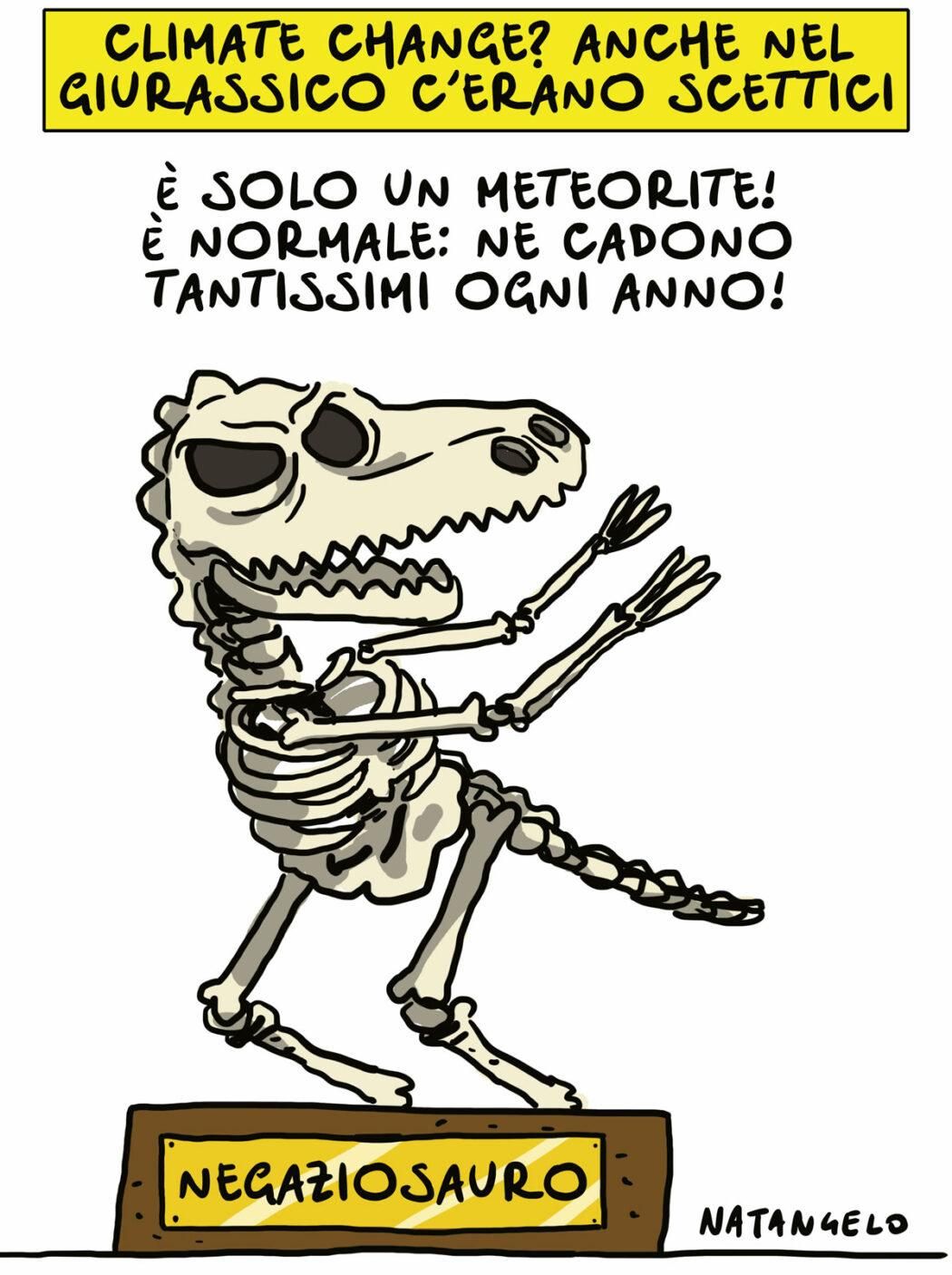 Nel disegno, uno scheletro di Negaziosauro esposto su un piedistallo nella posizione in cui, prima dell'estinzione, commentava: "È solo un meteorite! È normale: ne cadono tantissimi ogni anno!"