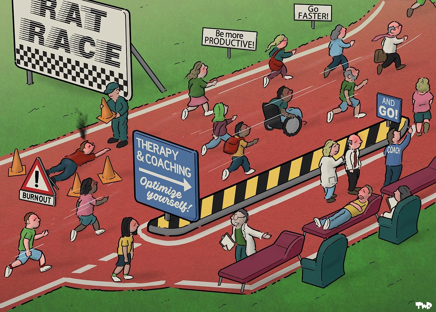 A cartoon depicting a running race. A sign along the track reads "Rat Race" in large letters. Other signs along the track read "Be more PRODUCTIVE!" and "Go FASTER!" Sweaty people run past a man who has fallen. Orange cones and a warning sign reading "burnout" are placed around him. At a pit stop along the track, a row of sofas is set up where people can see a psychologist. A sign at the beginning of the pit stop reads "Therapy & Coaching: Optimize Yourself!". A sign at the end of the pit stop lane reads "And GO!"