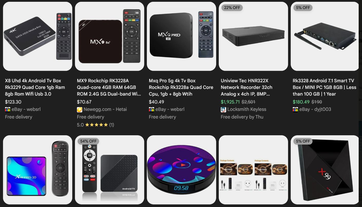 A screenshot of various e-commerce sites selling unofficial Android TV boxes that all ship with proxy malware built-in and with no discernible security built-in.