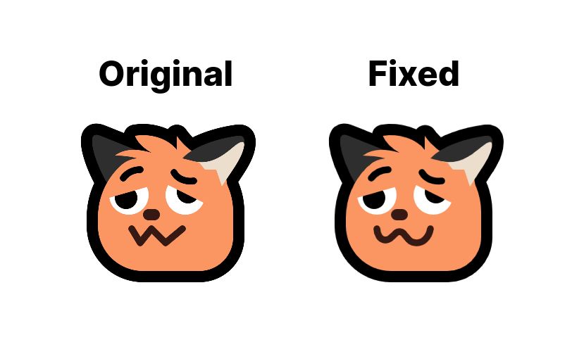 2 neofox googly woozy emojis: the old one labeled as "original" with a mouth that's taken from normal neofox variations (not woozy), and the current one that has a wavy mouth shape taken from other woozy variants of the neofox.