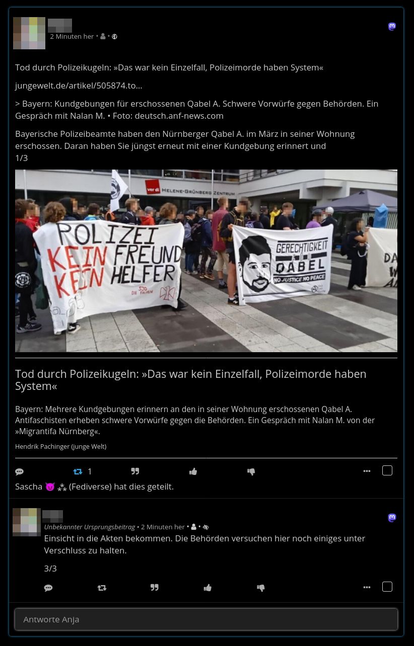 Screenshot zum oben erwähnten Beitrag bei dem der erste Kommentar fehlt und den ganzen Beitrag so absolut entwertet.