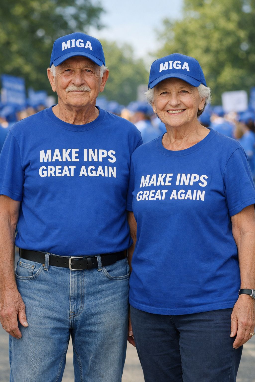 Due anziani visti frontalmente a figura intera, un uomo e una donna, che indossano dei cappelli e delle t-shirt blu e dei berretti blu da baseball, come se si trattasse di manifestanti. I cappellini riportano la scritta MIGA, le maglie la scritta "MAKE INPS GREAT AGAIN". Sfondo con una folla sfocata sempre suo toni dello stesso blu. Pieno giorno con alberi in sfondo.