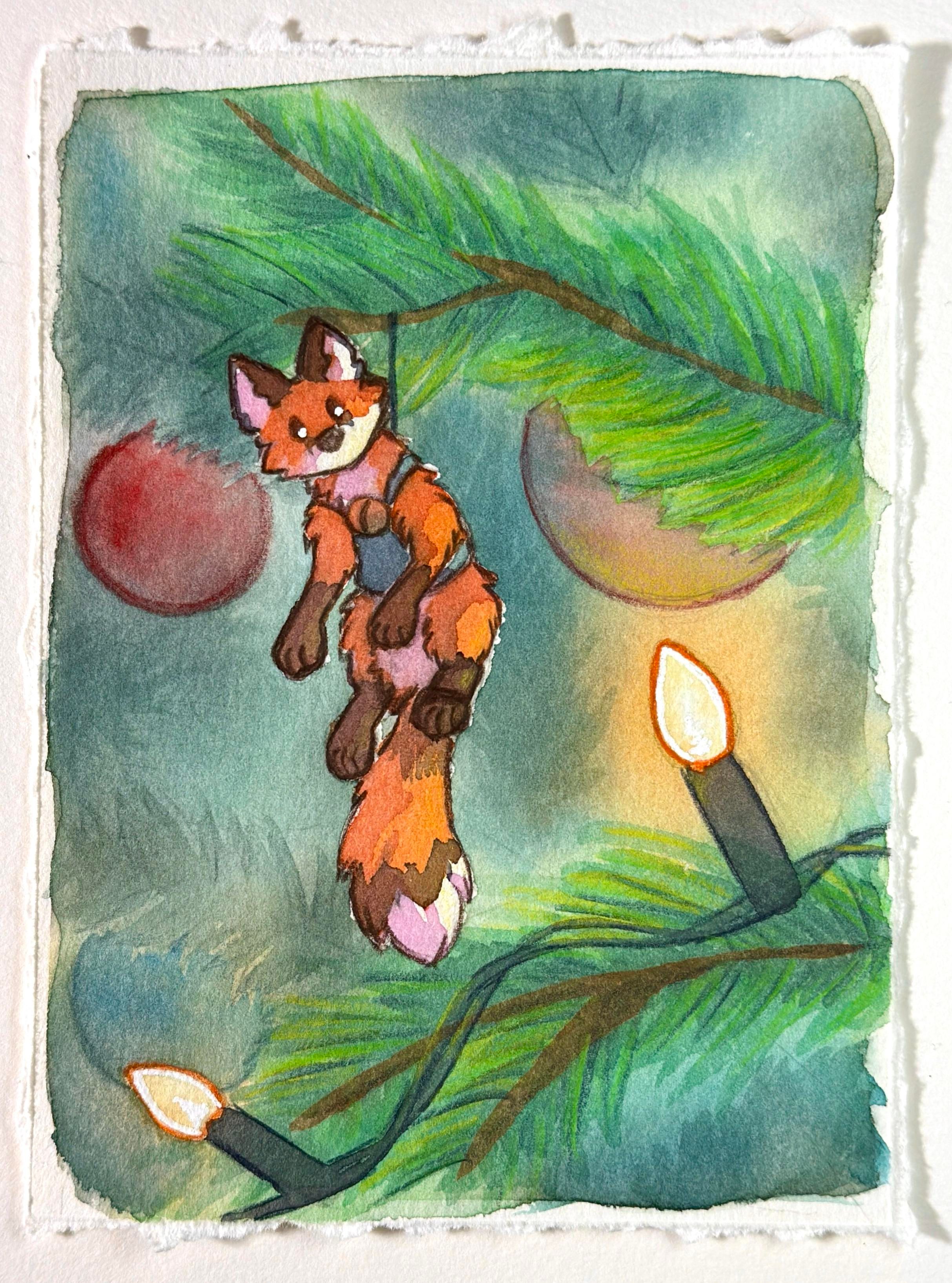 A watercolor painting of a tiny fox wearing a harness hung up on a christmas tree like an ornament.