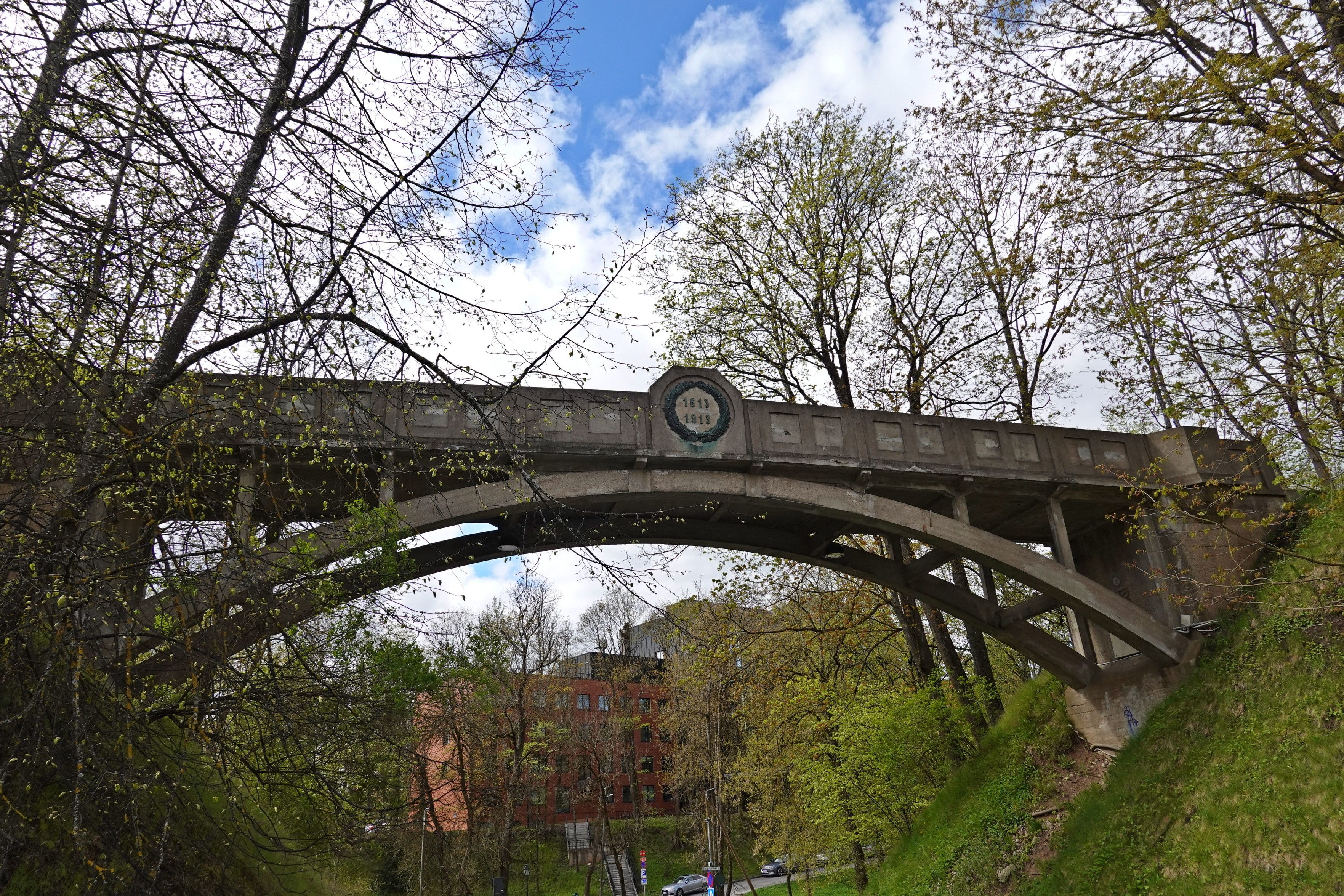 Devil's Bridge in Tartu runs over a gorge, with trees everywhere and a crest in the middle.