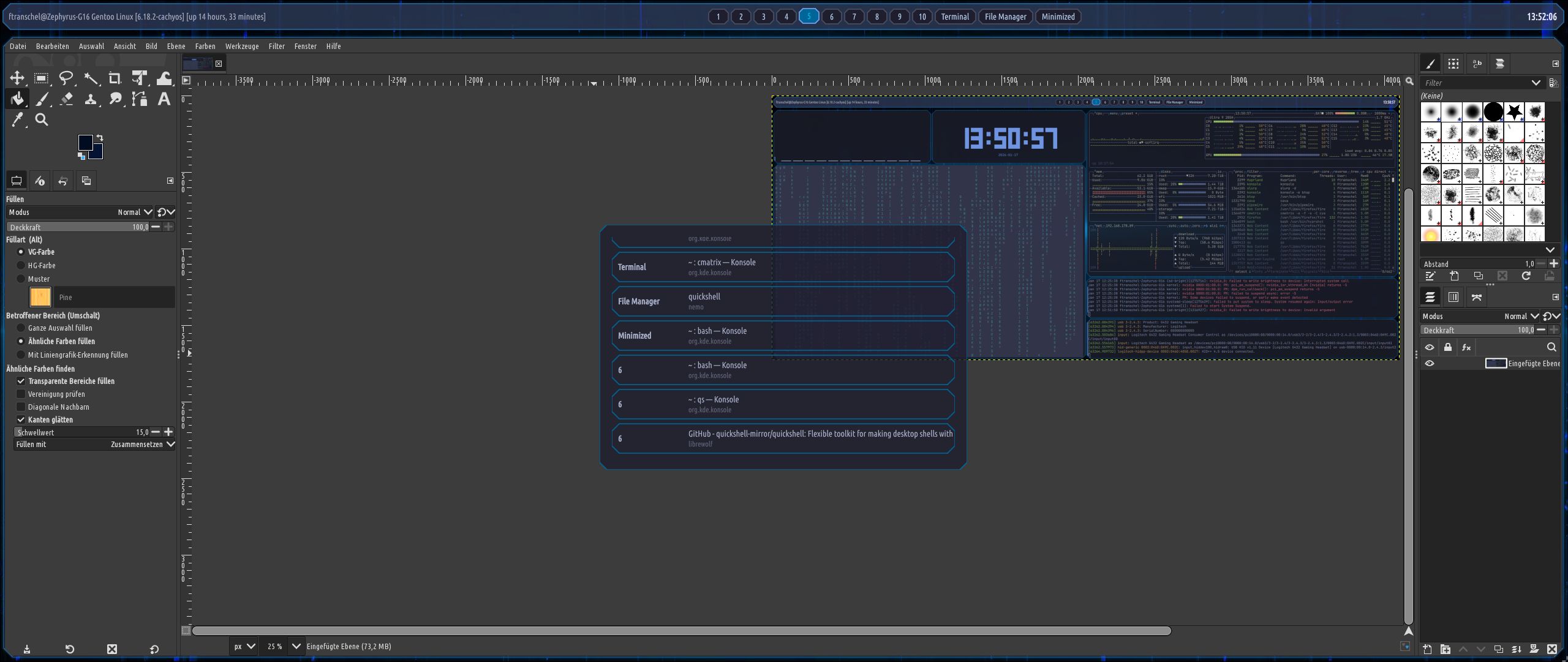 Screenshot of a Hyprland desktop with a bar at the top and GIMP on the rest of the screen. In the centre, there is a Quickshell task switcher. Everything in blue-ish colours.